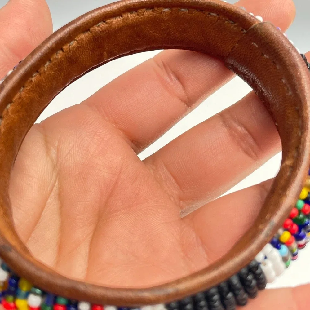 Vintage 90s Glass Bead Leather Bangle Bracelet Boho Tribal Fashion Jewelry Retro